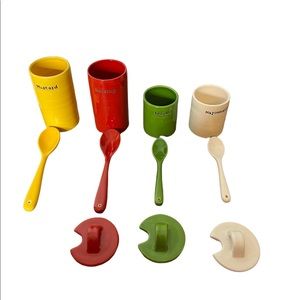 Pottery Barn BBQ Condiment Set Picnic Ceramic Serving Jars Lids Spoons